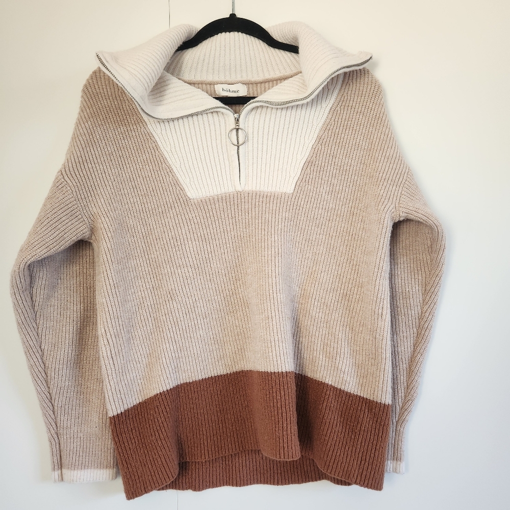 Neutral Colorblock Half Zip Sweater Womens Medium Cozy Oversized Pullover